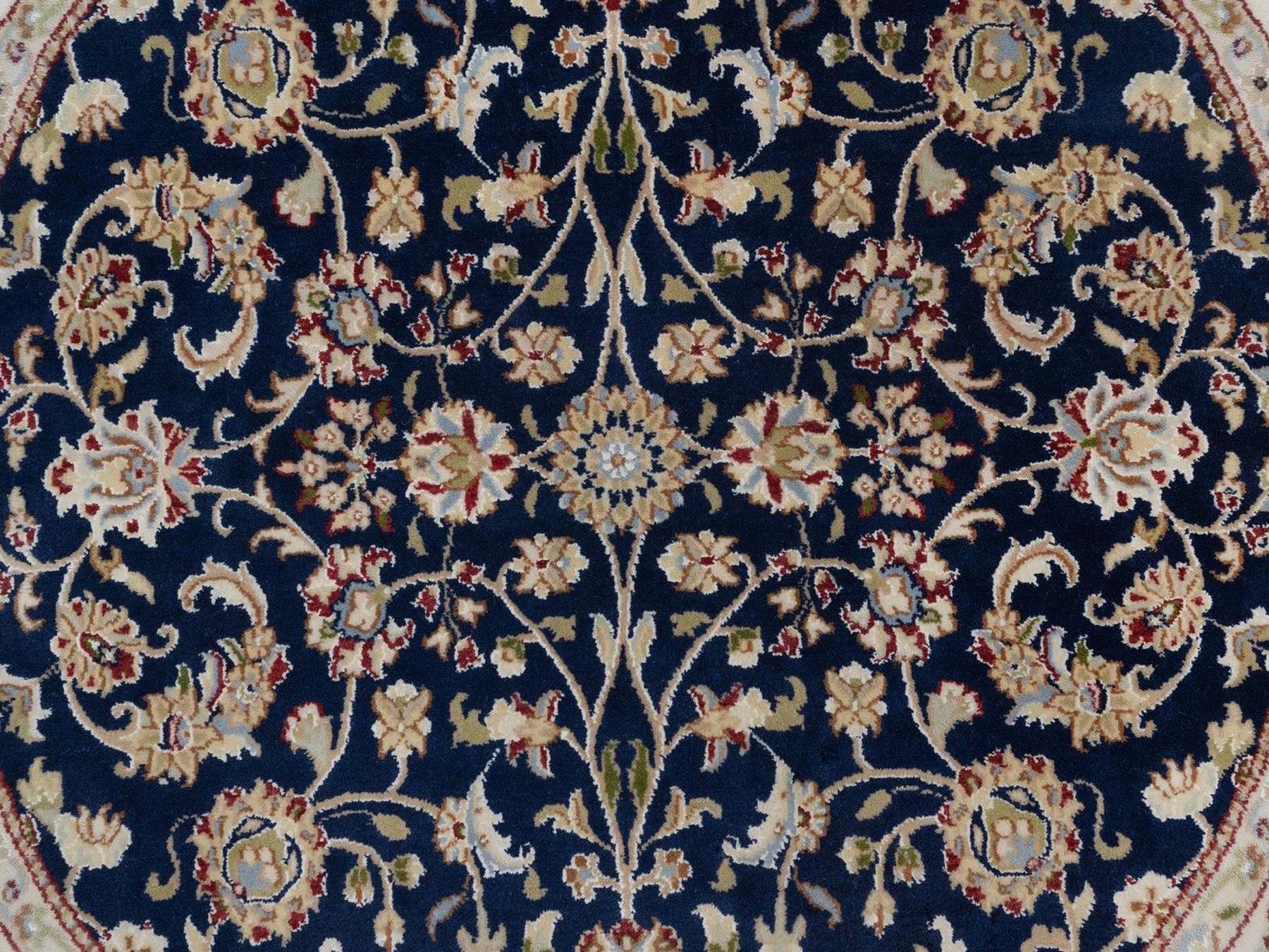 5'1"x5'1" Caviar Blue, Nain with All Over Floral Pattern, Wool and Silk, 250 KPSI, Soft Pile, Hand Knotted, Round, Oriental Rug HR91556 - Image 5