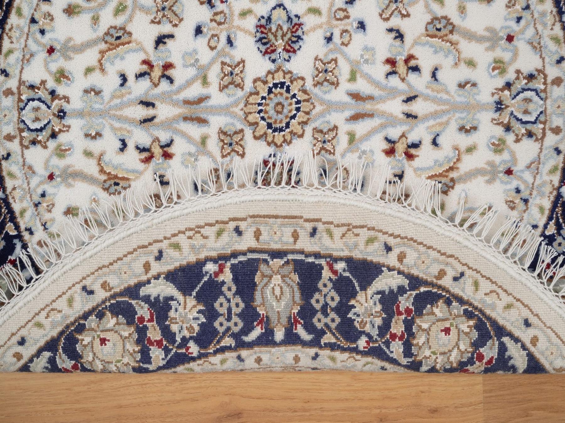 3'3"x3'3" Pearl White, Nain with All Over Floral Pattern, Hand Knotted, 250 KPSI, Soft Pile, Wool and Silk, Round, Oriental Rug HR92472 - Image 3
