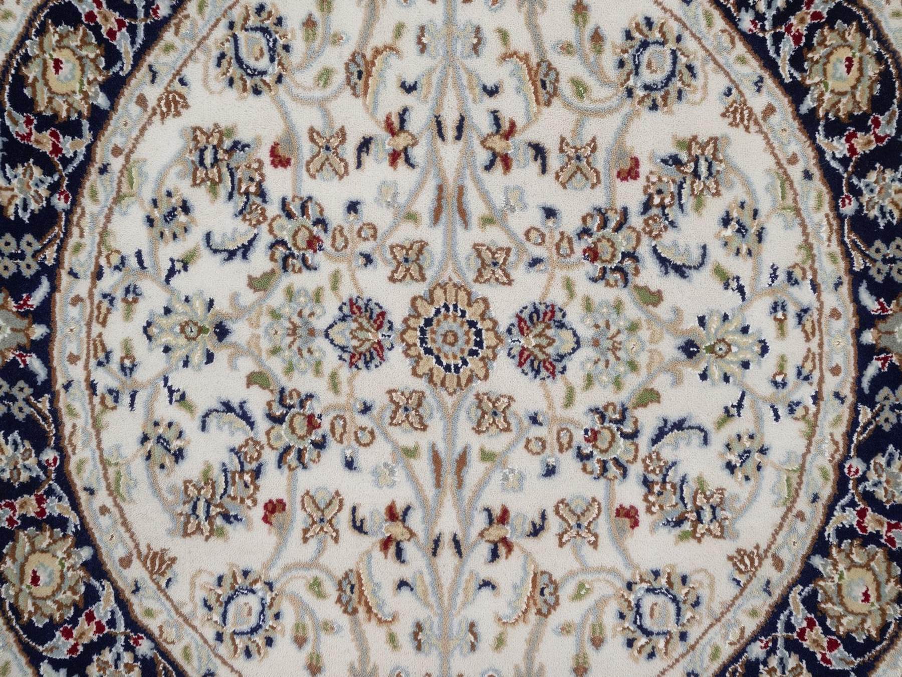 3'3"x3'3" Pearl White, Nain with All Over Floral Pattern, Hand Knotted, 250 KPSI, Soft Pile, Wool and Silk, Round, Oriental Rug HR92472 - Image 5