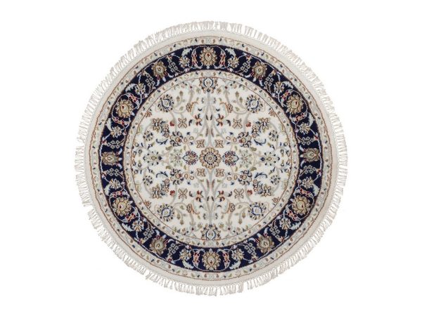 3'3"x3'3" Pearl White, Nain with All Over Flower Design, Hand Knotted, Wool and Silk, 250 KPSI, Soft Pile, Round, Oriental Rug HR92474