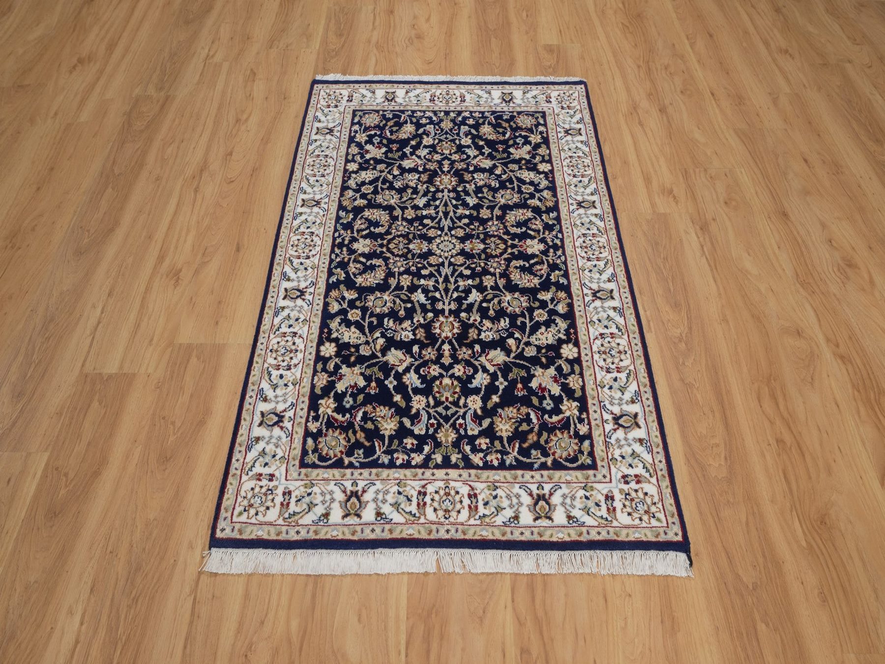 3'2"x5'1" Midnight Blue, Nain with All Over Flower Design, Soft Pile, Hand Knotted, Wool and Silk, 250 KPSI, Oriental Rug HR92484 - Image 2