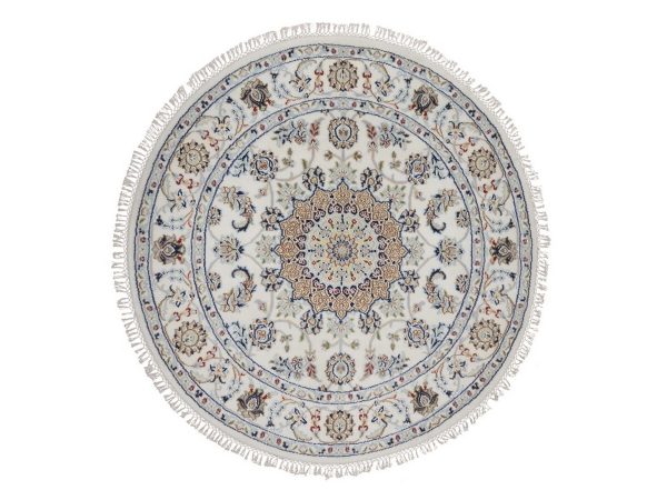 4'x4' Pearl White, Wool and Silk, Nain with Flower Medallion Design, Hand Knotted, 250 KPSI, Soft Pile, Round, Oriental Rug HR92486