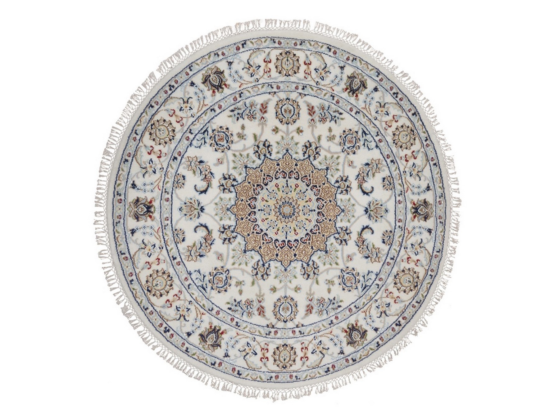 4'x4' Pearl White, Wool and Silk, Nain with Flower Medallion Design, Hand Knotted, 250 KPSI, Soft Pile, Round, Oriental Rug HR92486