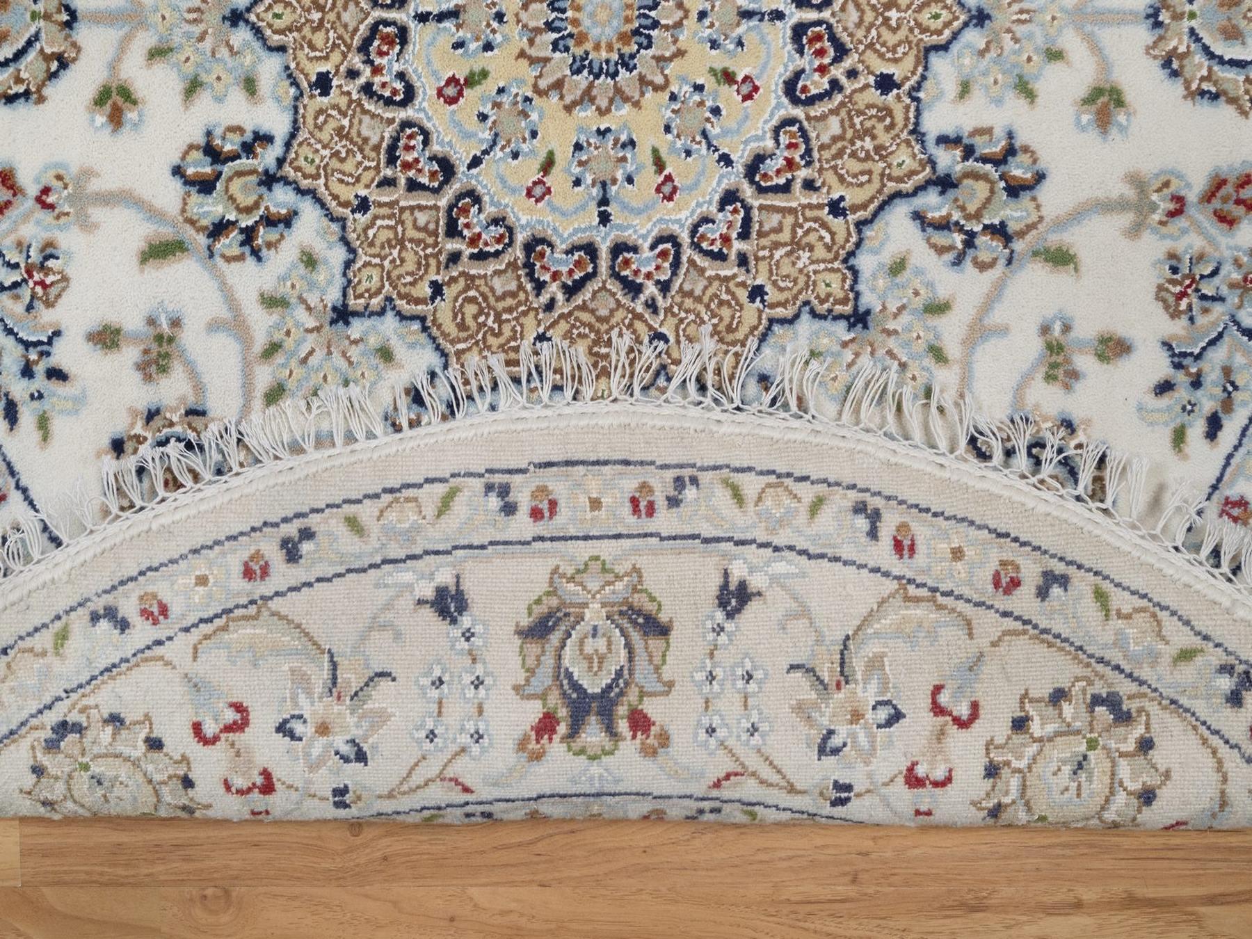 4'x4' Pearl White, Wool and Silk, Nain with Flower Medallion Design, Hand Knotted, 250 KPSI, Soft Pile, Round, Oriental Rug HR92486 - Image 3