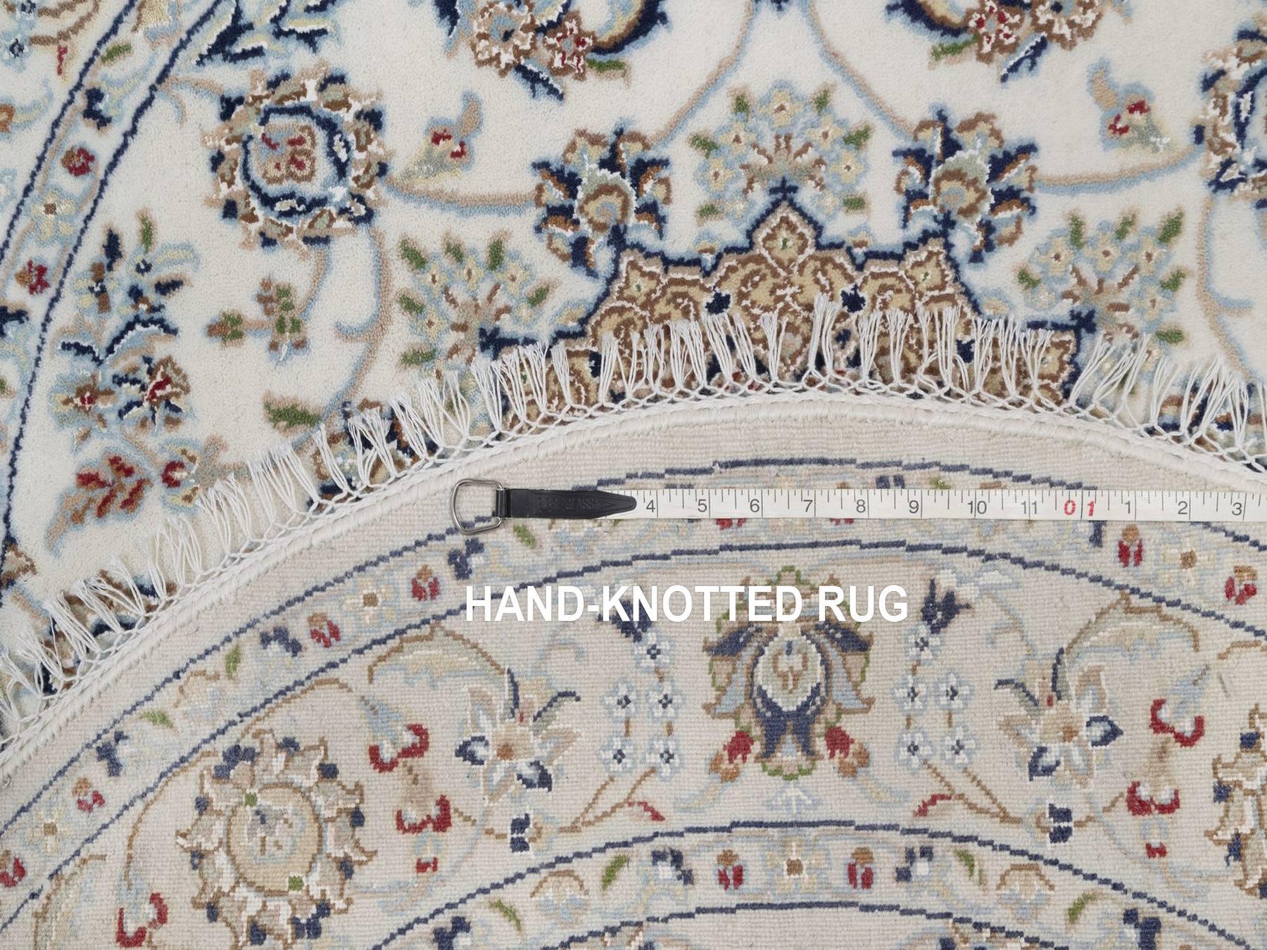 4'x4' Pearl White, Wool and Silk, Nain with Flower Medallion Design, Hand Knotted, 250 KPSI, Soft Pile, Round, Oriental Rug HR92486 - Image 8