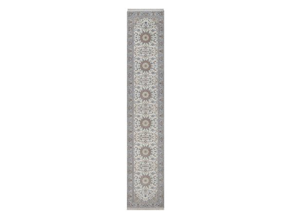 2'9"x14'5" Pearl White, Nain with Flower Medallions Design, 250 KPSI, Hand Knotted, Wool and Silk, Soft Pile, Runner, Oriental Rug HR92488