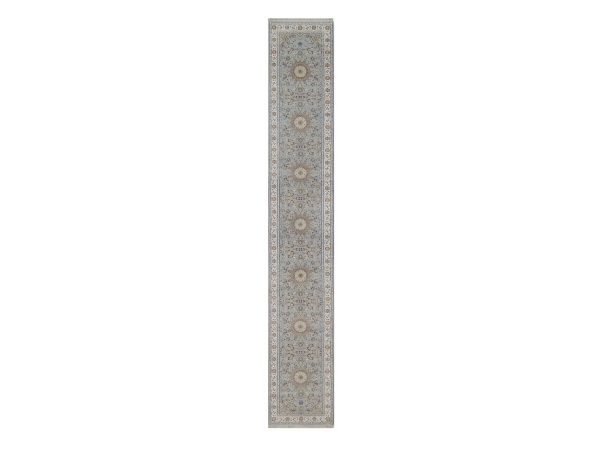 2'7"x16'2" Light Blue, Nain with Flower Medallions Design, Hand Knotted, Wool and Silk, Soft Pile, 250 KPSI, XL Runner, Oriental Rug HR92489