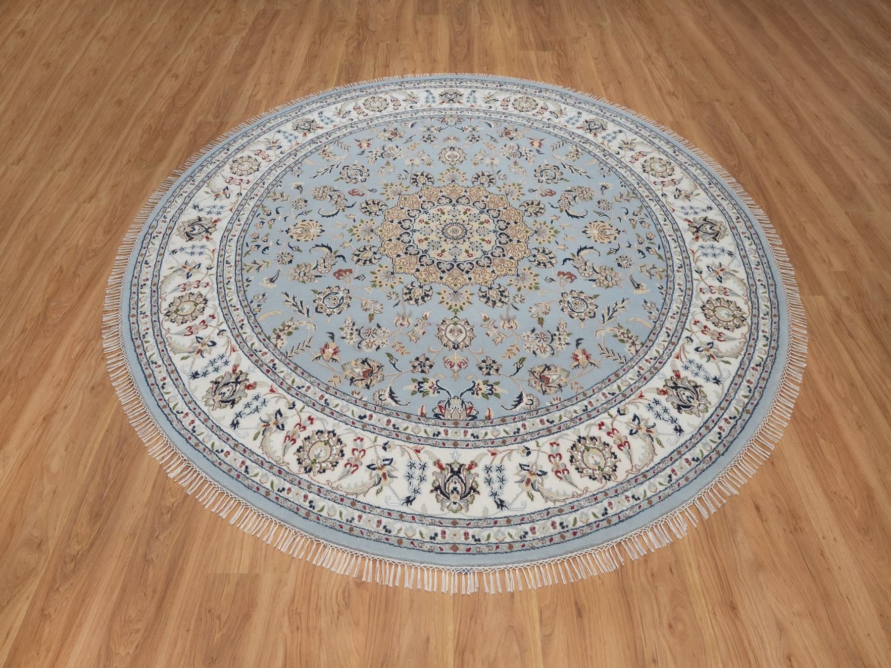 7'9"x7'9" Light Blue, Nain with Flower Medallion Design, Hand Knotted, Wool and Silk, Soft Pile, 250 KPSI, Round, Oriental Rug HR92502 - Image 2
