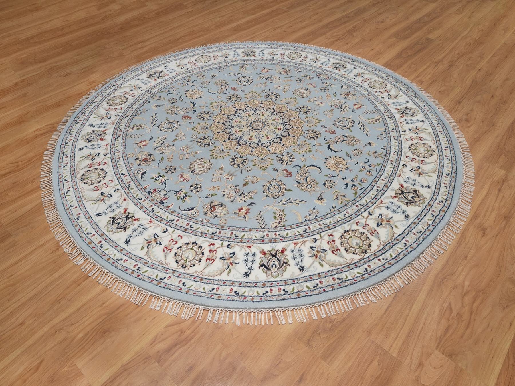 7'9"x7'9" Light Blue, Nain with Flower Medallion Design, Hand Knotted, Wool and Silk, Soft Pile, 250 KPSI, Round, Oriental Rug HR92502 - Image 3