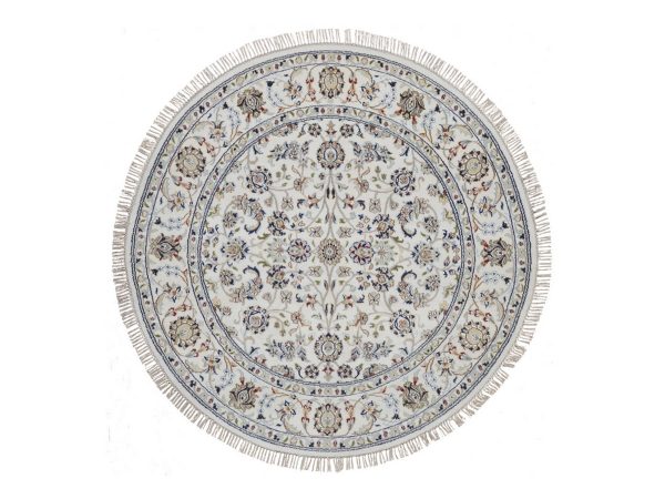 5'2"x5'2" Pearl White, Nain with All Over Flower Design, Wool and Silk, 250 KPSI, Hand Knotted, Soft Pile, Round, Oriental Rug HR92504
