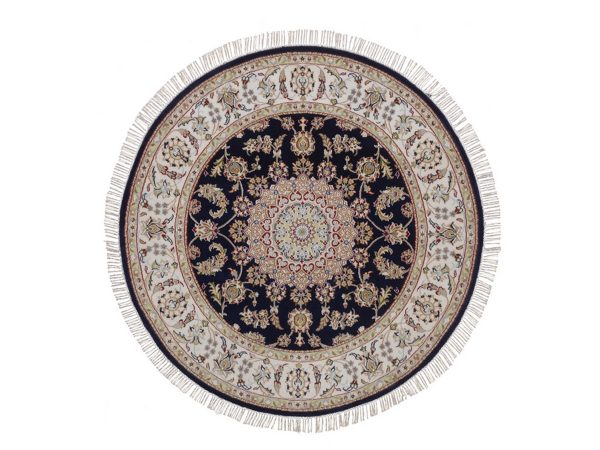 5'2"x5'2" Midnight Blue, Nain with Flower Medallion Design, Hand Knotted, Soft Pile, 250 KPSI, Wool and Silk, Round, Oriental Rug HR92515