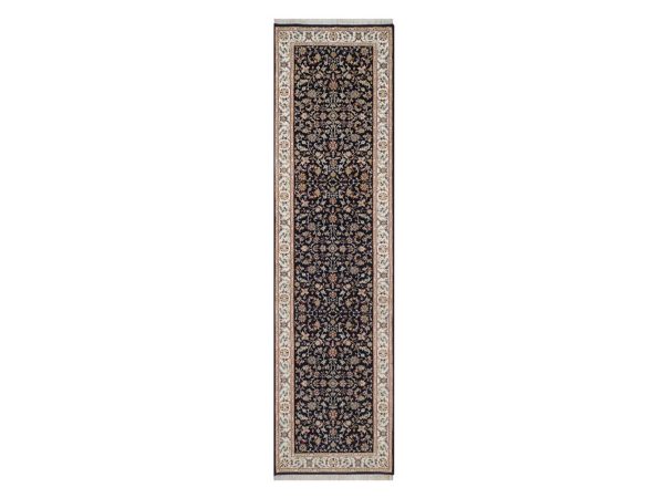 2'9"x10'4" Midnight Blue, Hand Knotted, Nain with All Over Flower Design, Soft Pile, Wool and Silk, 250 KPSI, Runner, Oriental Rug HR92517