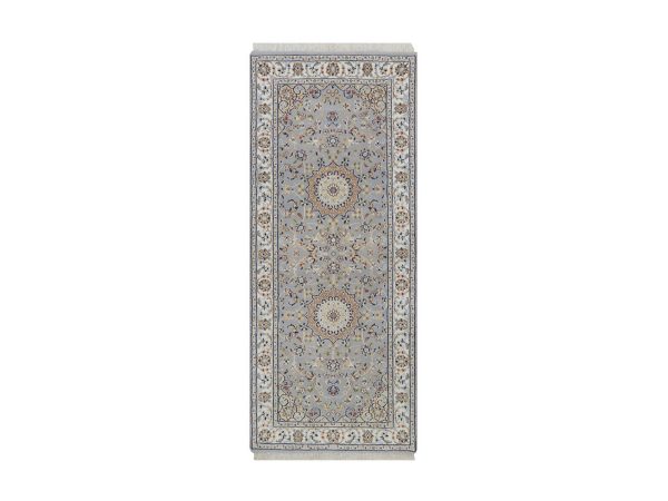 2'8"x6'3" Light Blue, Nain with Flower Medallions Design, Wool and Silk, Hand Knotted, Soft Pile, 250 KPSI, Runner, Oriental Rug HR92519