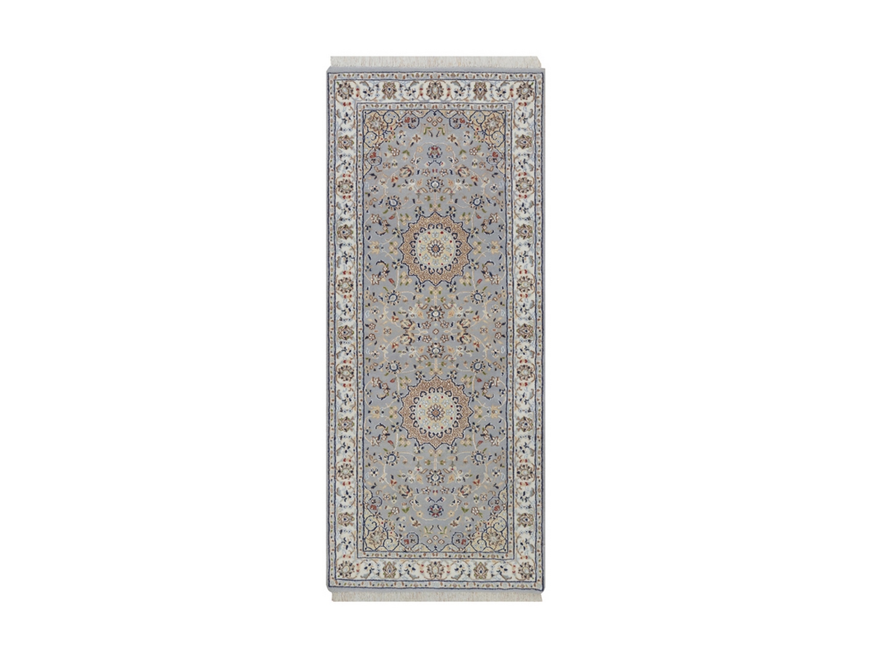 2'8"x6'3" Light Blue, Nain with Flower Medallions Design, Wool and Silk, Hand Knotted, Soft Pile, 250 KPSI, Runner, Oriental Rug HR92519