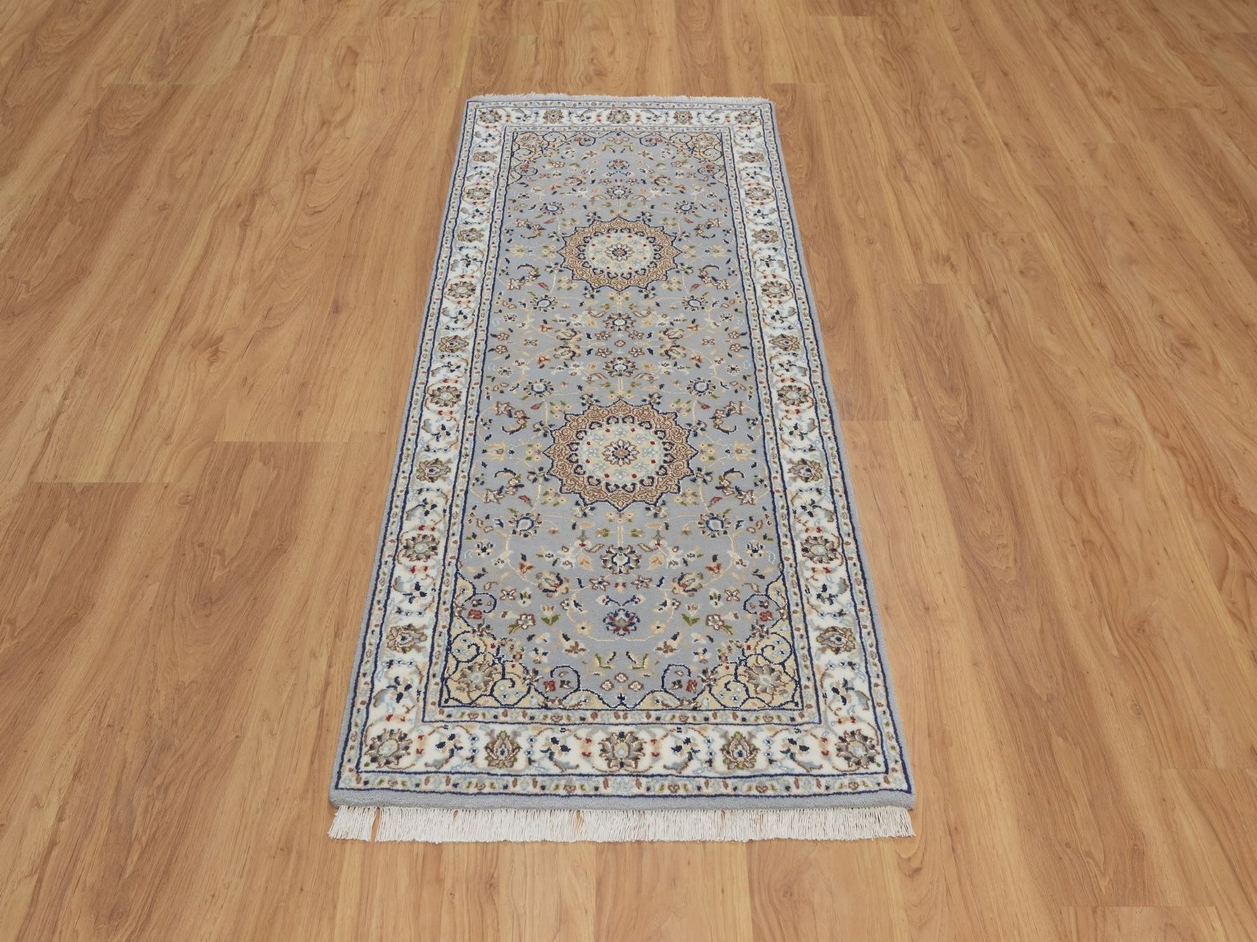 2'8"x6'3" Light Blue, Nain with Flower Medallions Design, Wool and Silk, Hand Knotted, Soft Pile, 250 KPSI, Runner, Oriental Rug HR92519 - Image 2