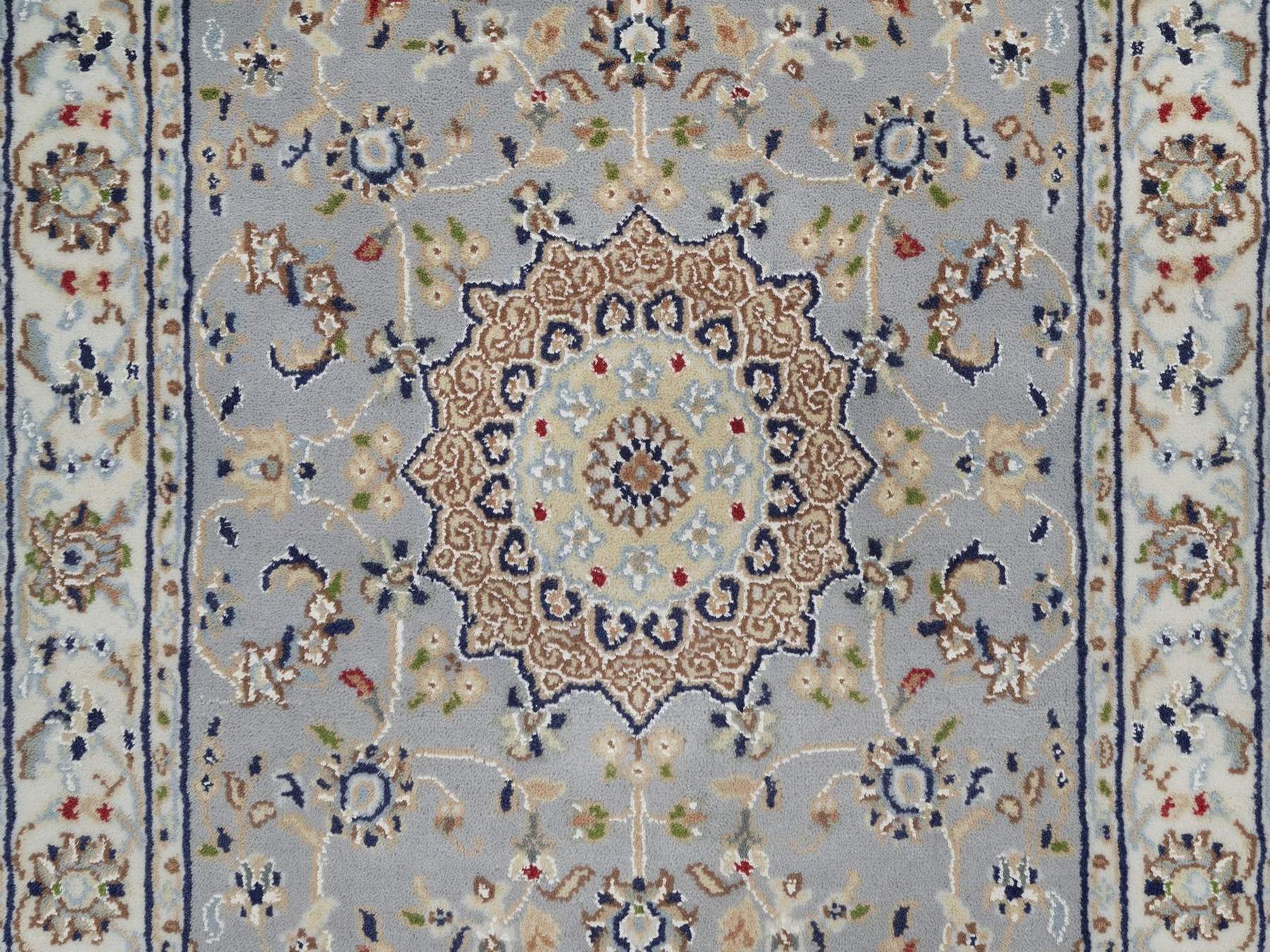 2'8"x6'3" Light Blue, Nain with Flower Medallions Design, Wool and Silk, Hand Knotted, Soft Pile, 250 KPSI, Runner, Oriental Rug HR92519 - Image 5
