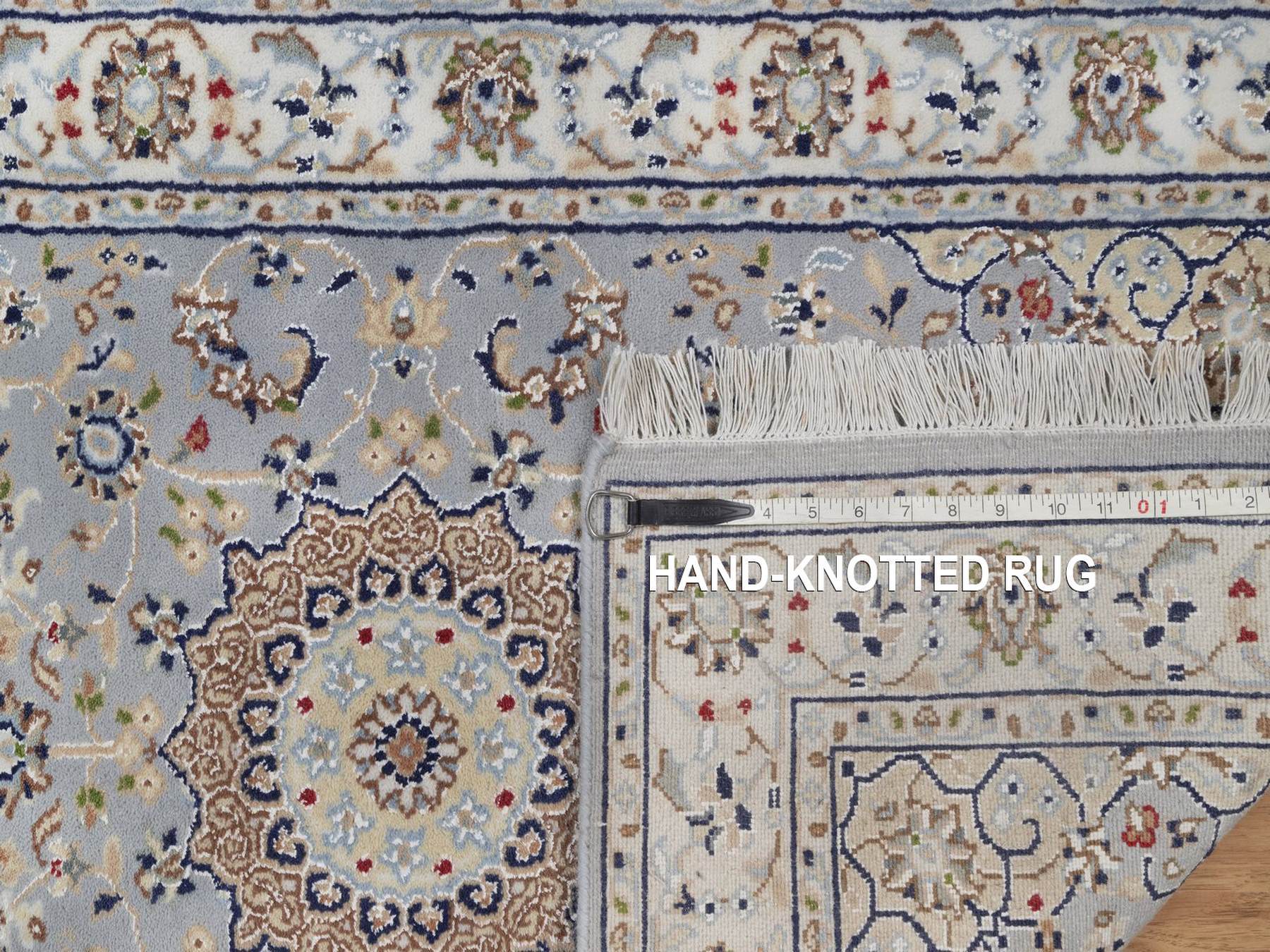 2'8"x6'3" Light Blue, Nain with Flower Medallions Design, Wool and Silk, Hand Knotted, Soft Pile, 250 KPSI, Runner, Oriental Rug HR92519 - Image 8