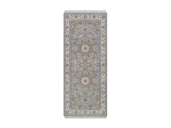 2'8"x6'3" Light Blue, Nain with Flower Medallions Design, Hand Knotted, Soft Pile, Wool and Silk, 250 KPSI, Runner, Oriental Rug HR92520