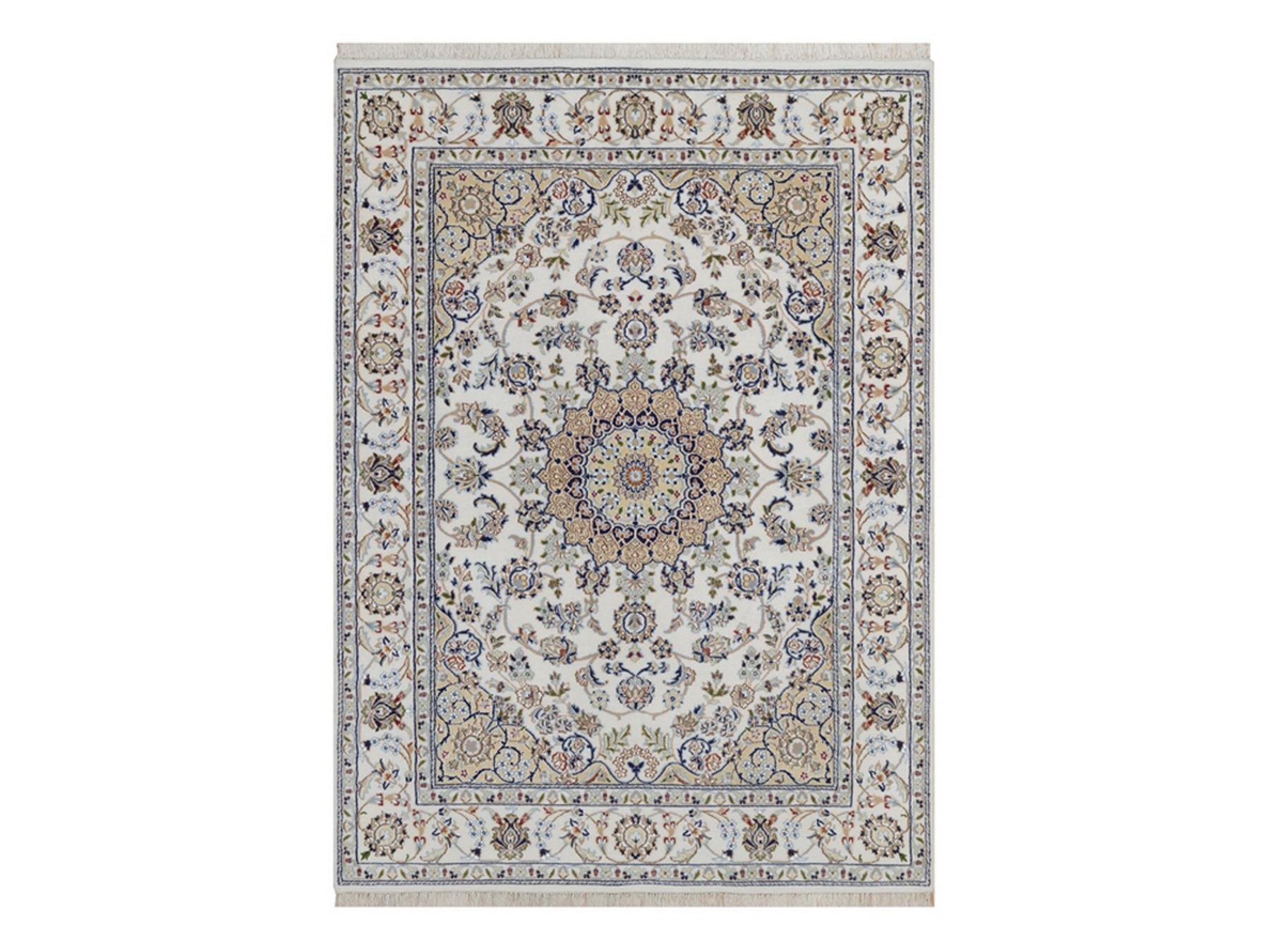 5'2"x7'1" Pearl White, Nain with Flower Medallion Design, Hand Knotted, Wool and Silk, 250 KPSI, Soft Pile, Oriental Rug HR92523