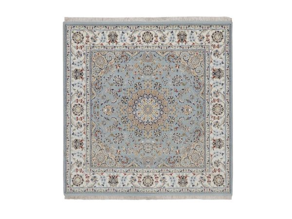 6'x6' Light Blue, Nain with Flower Medallion Design, Hand Knotted, Wool and Silk, Soft Pile, 250 KPSI, Square, Oriental Rug HR92525