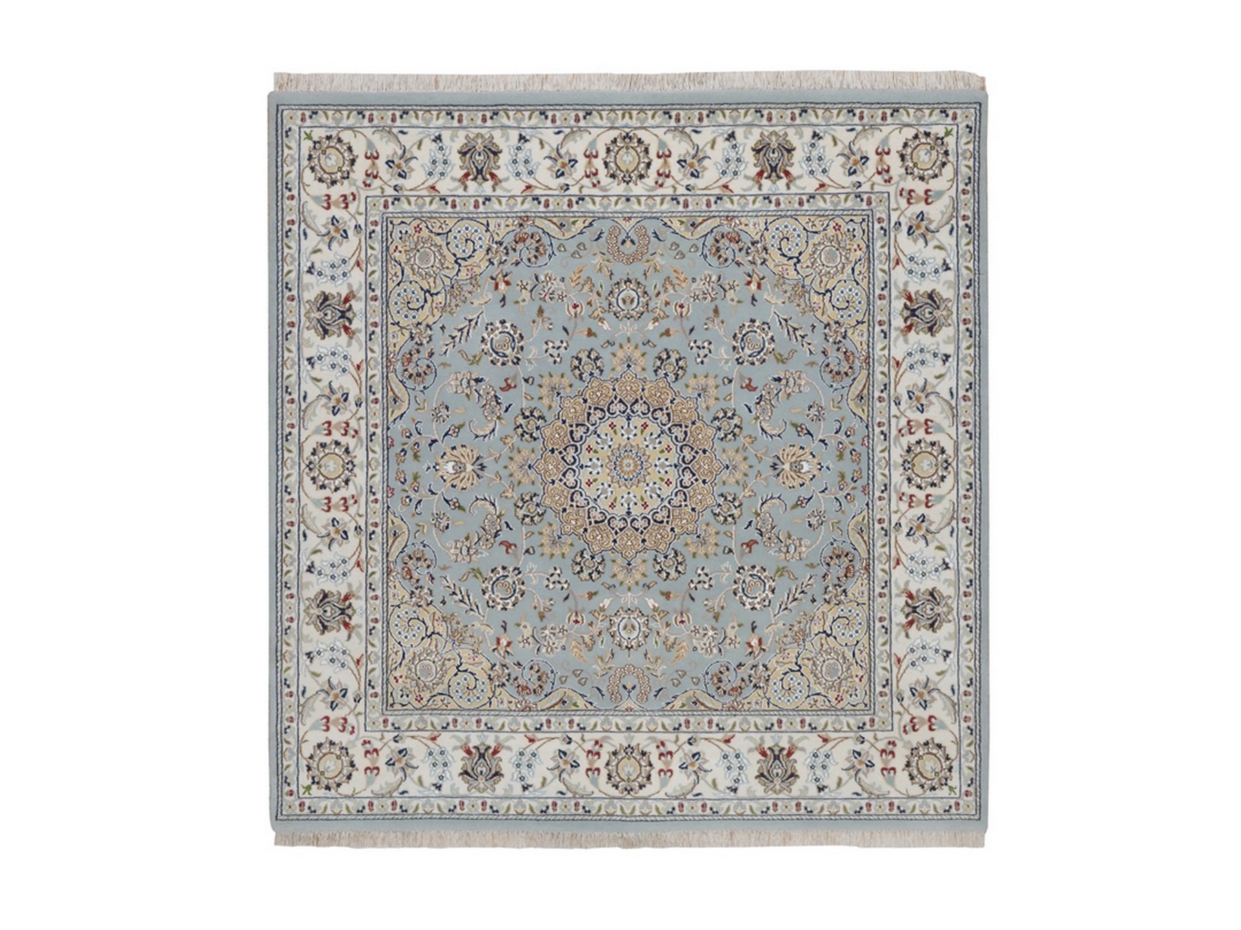6'x6' Light Blue, Nain with Flower Medallion Design, Hand Knotted, Wool and Silk, Soft Pile, 250 KPSI, Square, Oriental Rug HR92525
