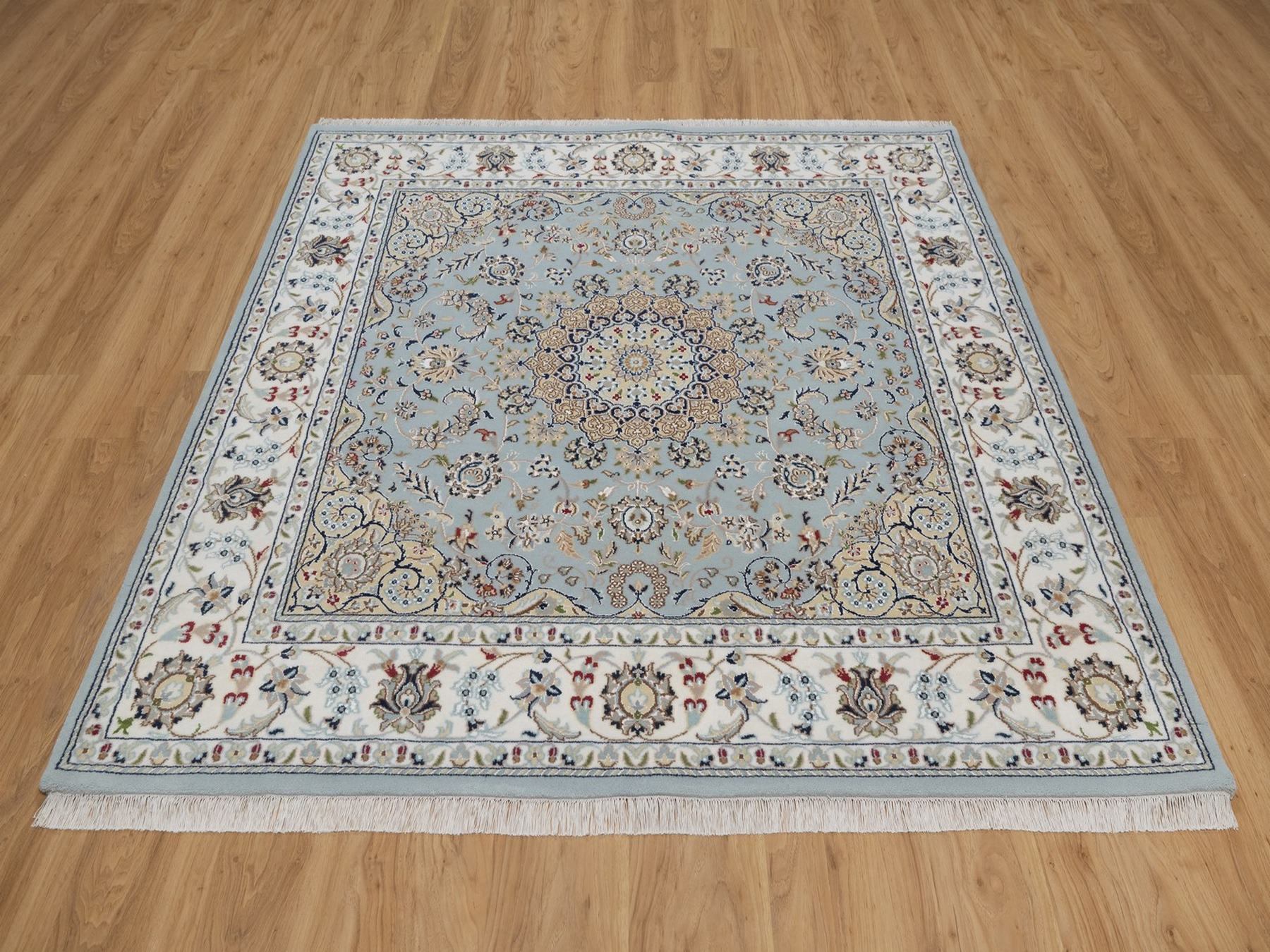 6'x6' Light Blue, Nain with Flower Medallion Design, Hand Knotted, Wool and Silk, Soft Pile, 250 KPSI, Square, Oriental Rug HR92525 - Image 2