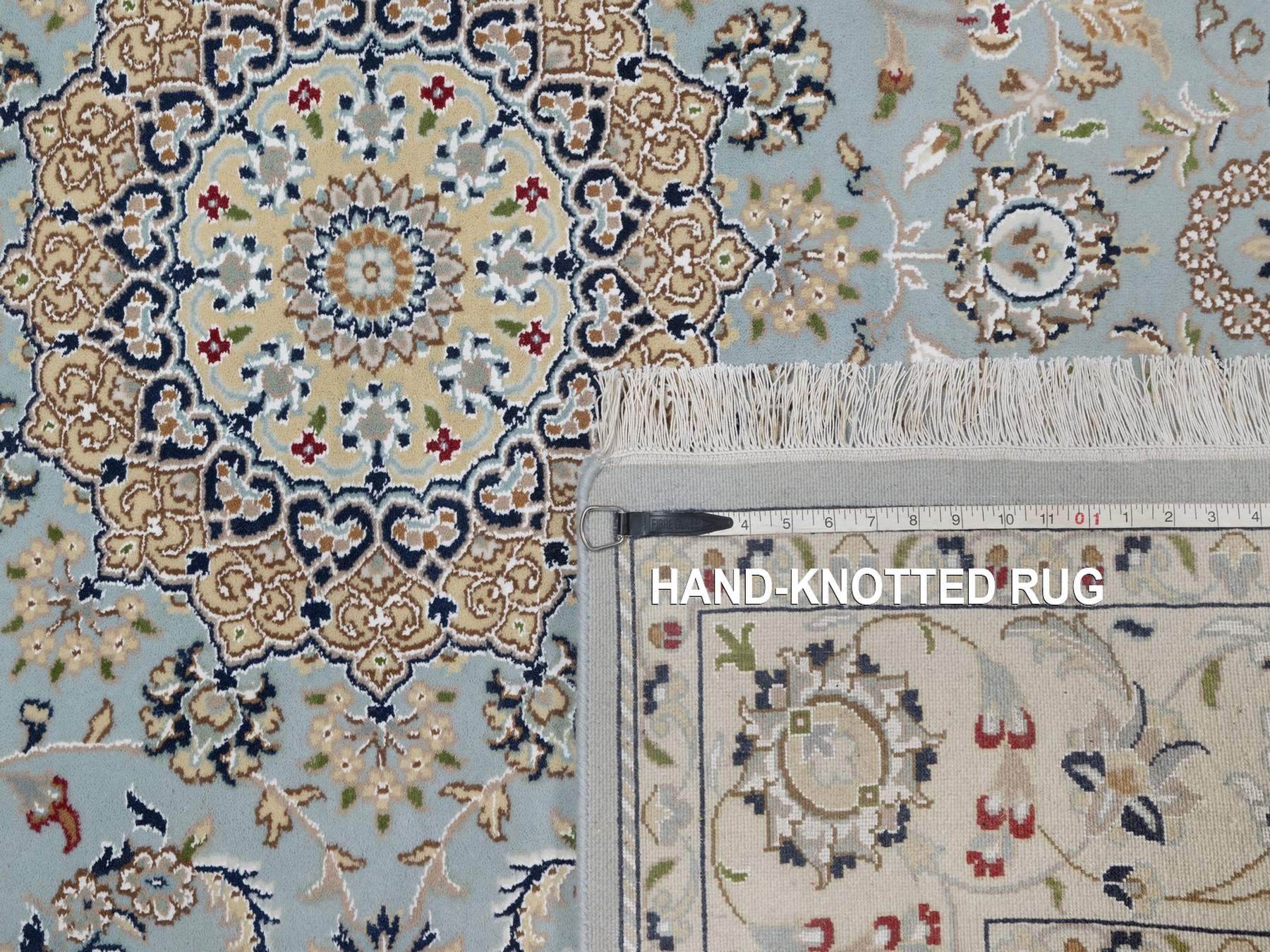6'x6' Light Blue, Nain with Flower Medallion Design, Hand Knotted, Wool and Silk, Soft Pile, 250 KPSI, Square, Oriental Rug HR92525 - Image 8