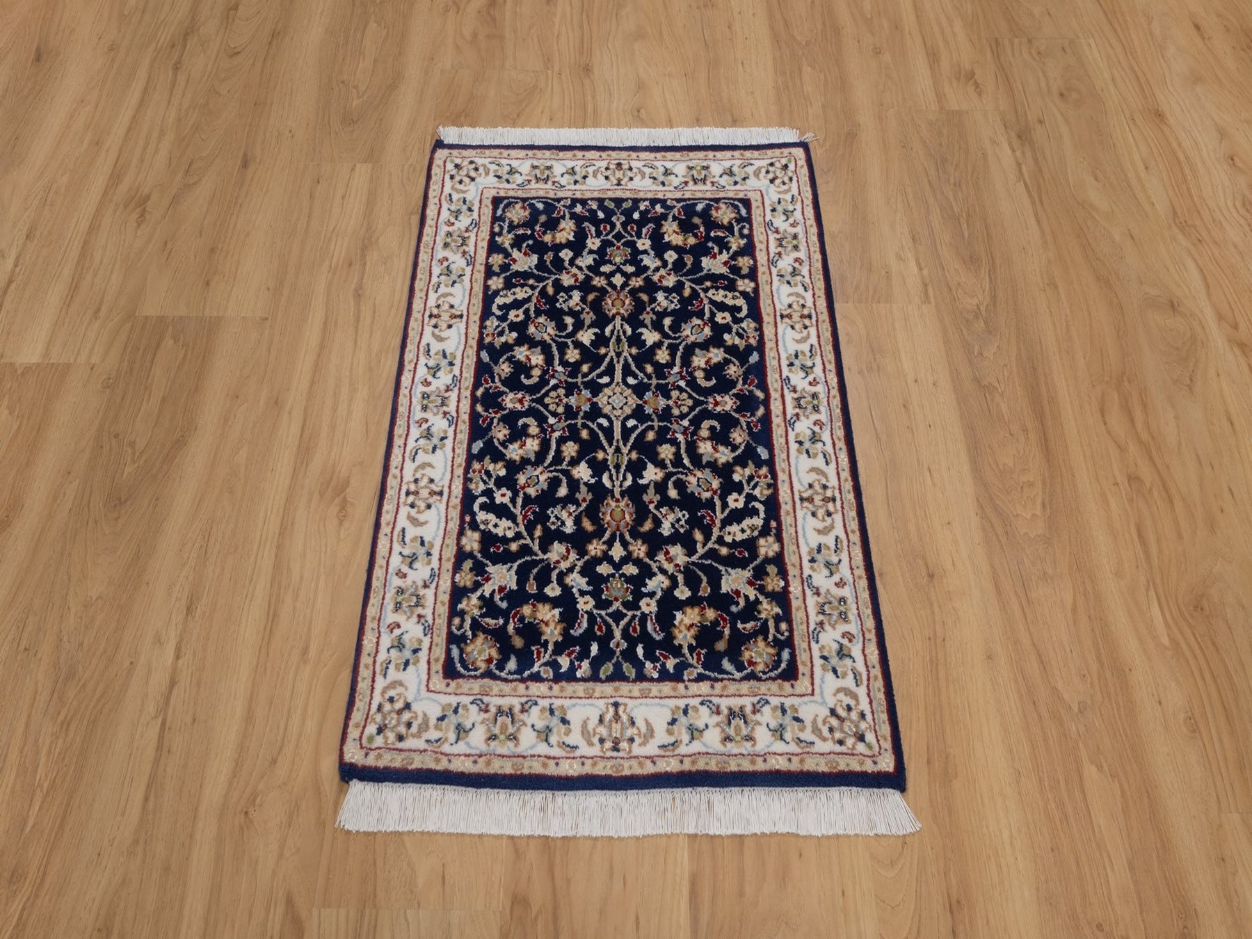 2'1"x3'3" Midnight Blue, Nain with All Over Flower Design, Soft Pile, Wool and Silk, 250 KPSI, Hand Knotted, Mat, Sample, Oriental Rug HR92530 - Image 2