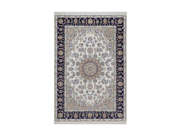 2'2"x3'2" Pearl White, 250 KPSI, Nain with Flower Medallion Design, Hand Knotted, Soft Pile, Wool and Silk, Sample, Mat, Oriental Rug HR92532