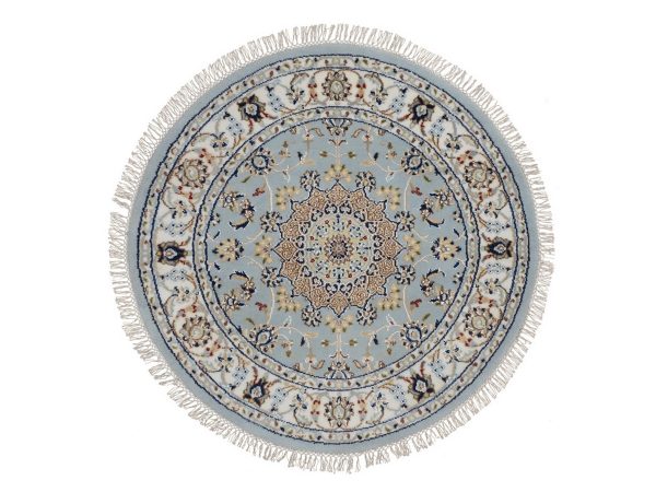 3'3"x3'3" Light Blue, Hand Knotted, Nain with Flower Medallion Design, Wool and Silk, Soft Pile, 250 KPSI, Round, Oriental Rug HR92534