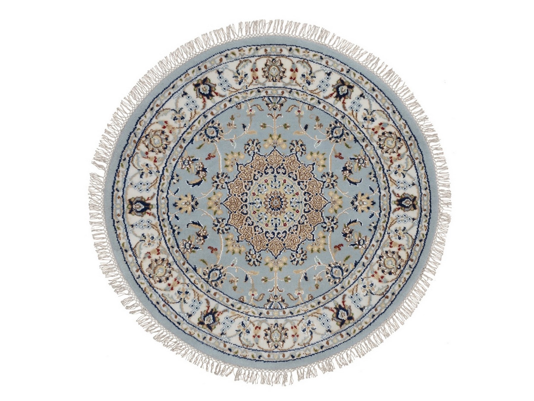 3'3"x3'3" Light Blue, Hand Knotted, Nain with Flower Medallion Design, Wool and Silk, Soft Pile, 250 KPSI, Round, Oriental Rug HR92534