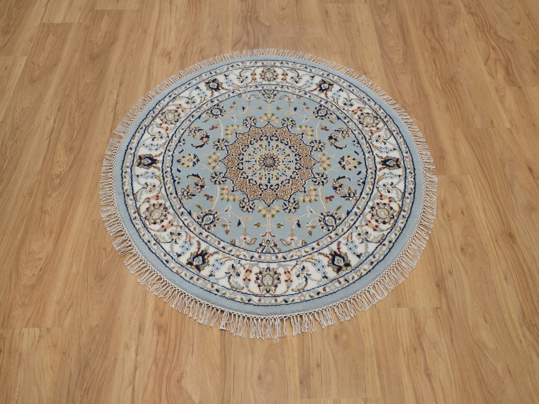 3'3"x3'3" Light Blue, Hand Knotted, Nain with Flower Medallion Design, Wool and Silk, Soft Pile, 250 KPSI, Round, Oriental Rug HR92534 - Image 2