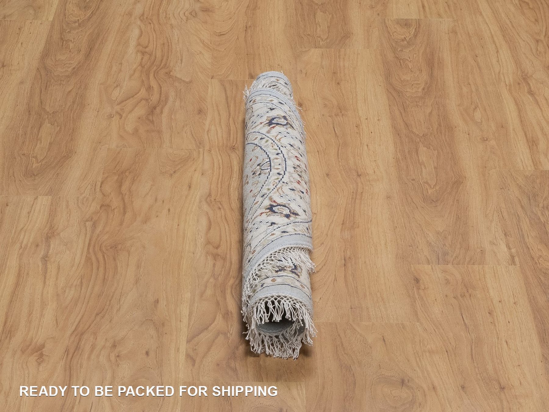 3'3"x3'3" Light Blue, Hand Knotted, Nain with Flower Medallion Design, Wool and Silk, Soft Pile, 250 KPSI, Round, Oriental Rug HR92534 - Image 6