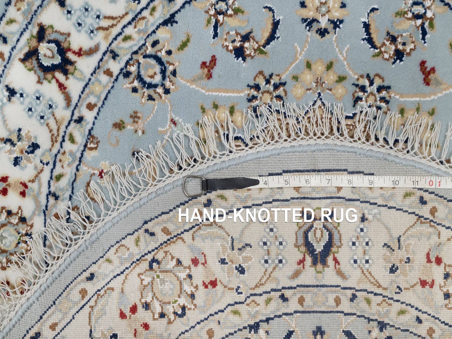3'3"x3'3" Light Blue, Hand Knotted, Nain with Flower Medallion Design, Wool and Silk, Soft Pile, 250 KPSI, Round, Oriental Rug HR92534 - Image 8