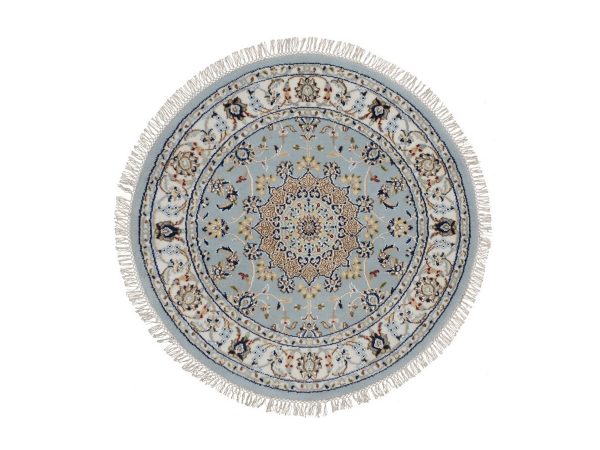 3'3"x3'3" Light Blue, Hand Knotted, Nain with Flower Medallion Design, Wool and Silk, Soft Pile, 250 KPSI, Round, Oriental Rug HR92535