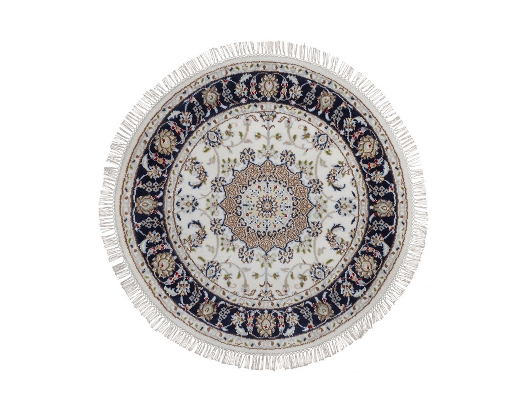 3'x3' Pearl White, Wool and Silk, 250 KPSI, Nain with Flower Medallion Design, Hand Knotted, Soft Pile, Round, Oriental Rug HR92536