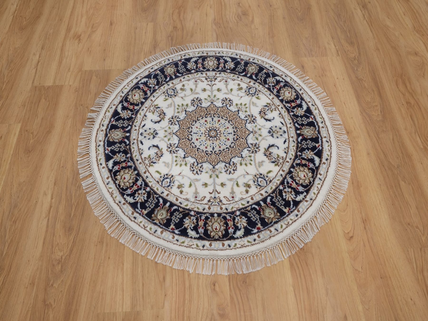 3'x3' Pearl White, Wool and Silk, 250 KPSI, Nain with Flower Medallion Design, Hand Knotted, Soft Pile, Round, Oriental Rug HR92536 - Image 2