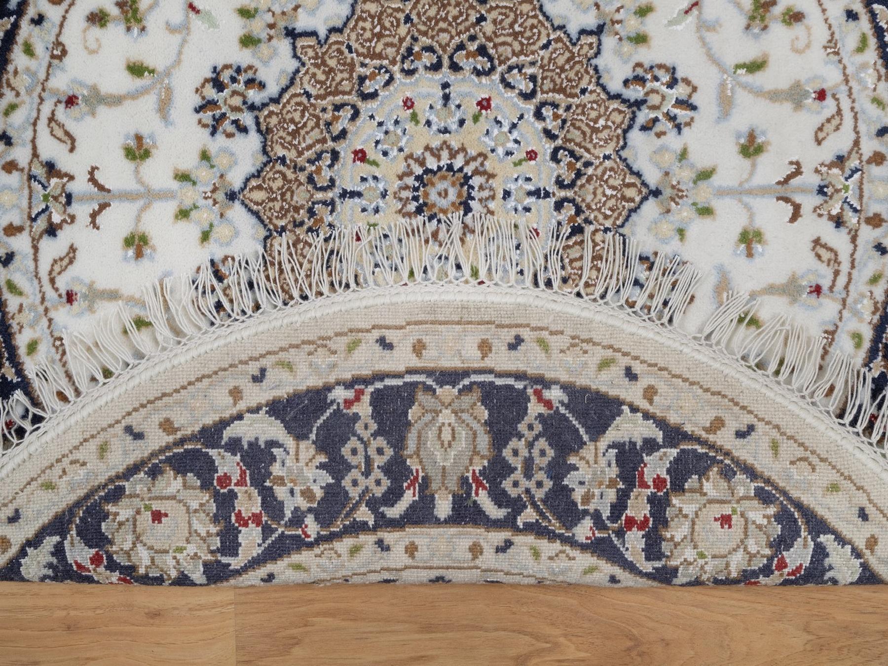 3'x3' Pearl White, Wool and Silk, 250 KPSI, Nain with Flower Medallion Design, Hand Knotted, Soft Pile, Round, Oriental Rug HR92536 - Image 3