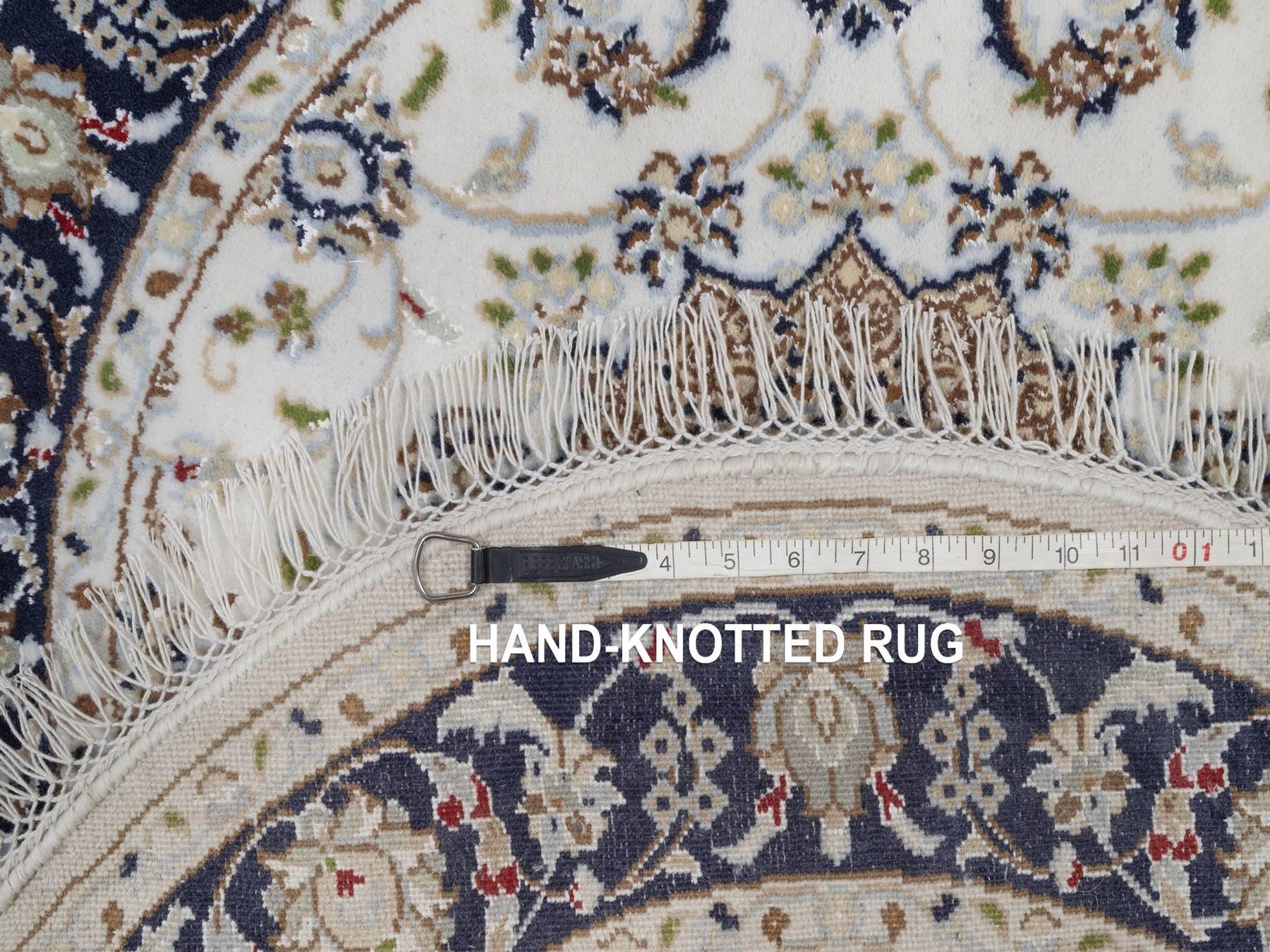 3'x3' Pearl White, Wool and Silk, 250 KPSI, Nain with Flower Medallion Design, Hand Knotted, Soft Pile, Round, Oriental Rug HR92536 - Image 8