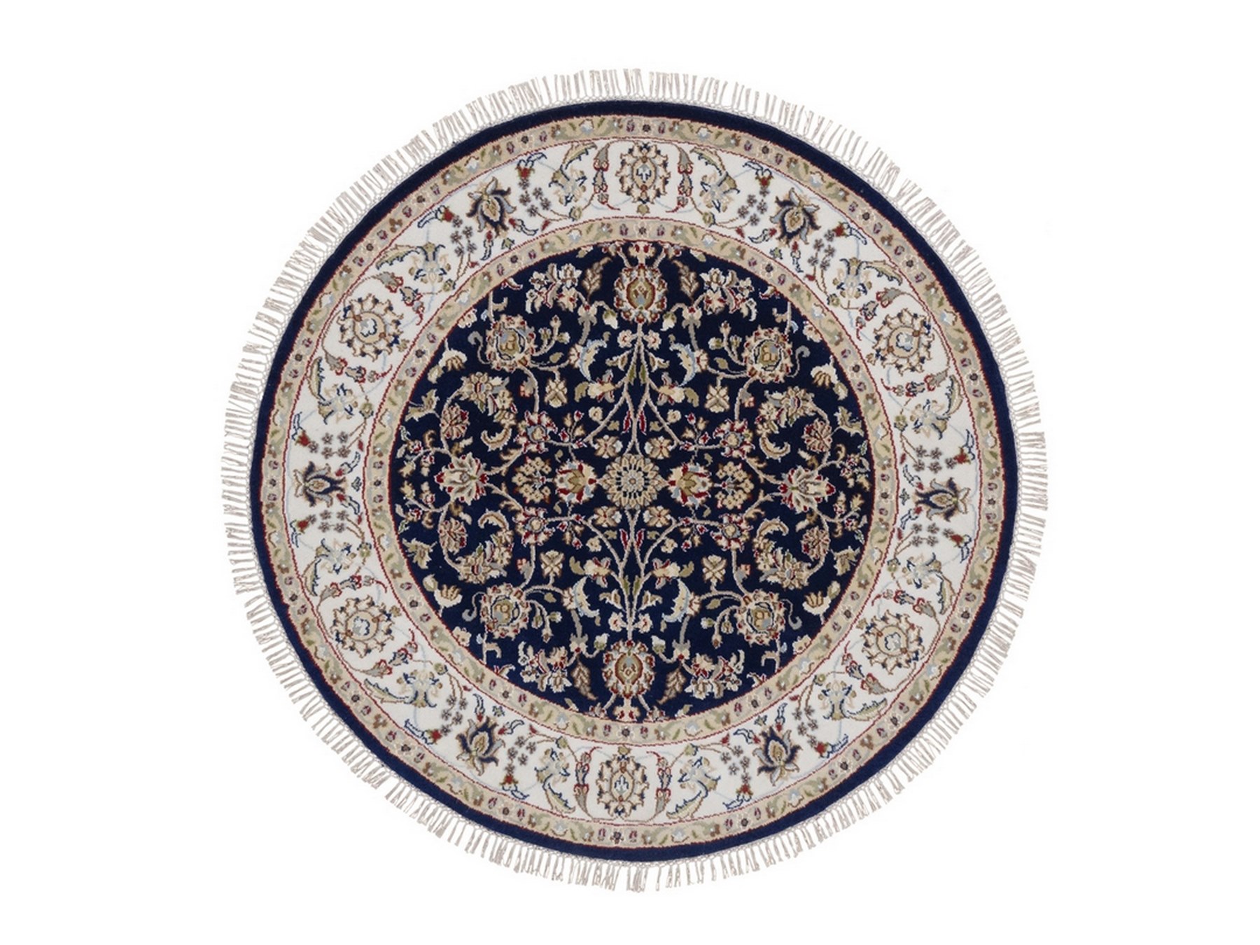 4'4"x4'4" Midnight Blue, Nain with All Over Flower Design, Soft Pile, Hand Knotted, Wool and Silk, 250 KPSI, Round, Oriental Rug HR92538