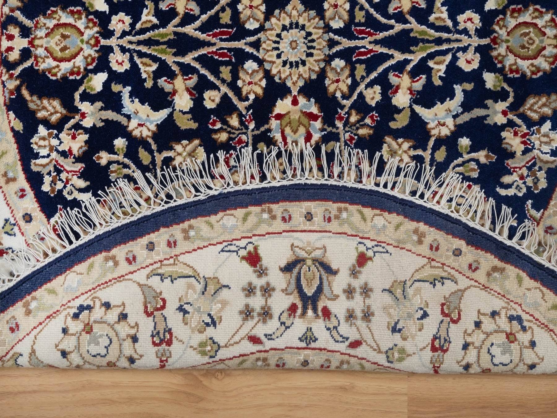 4'4"x4'4" Midnight Blue, Nain with All Over Flower Design, Soft Pile, Hand Knotted, Wool and Silk, 250 KPSI, Round, Oriental Rug HR92538 - Image 3