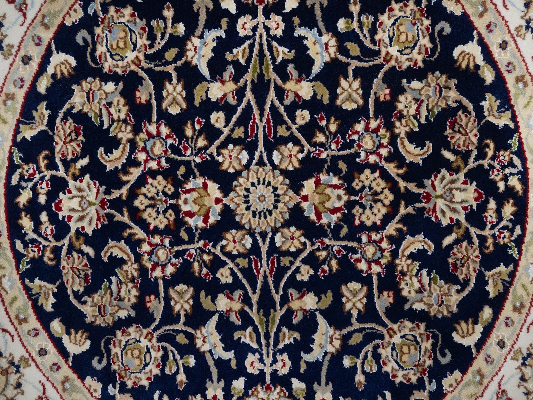 4'4"x4'4" Midnight Blue, Nain with All Over Flower Design, Soft Pile, Hand Knotted, Wool and Silk, 250 KPSI, Round, Oriental Rug HR92538 - Image 5