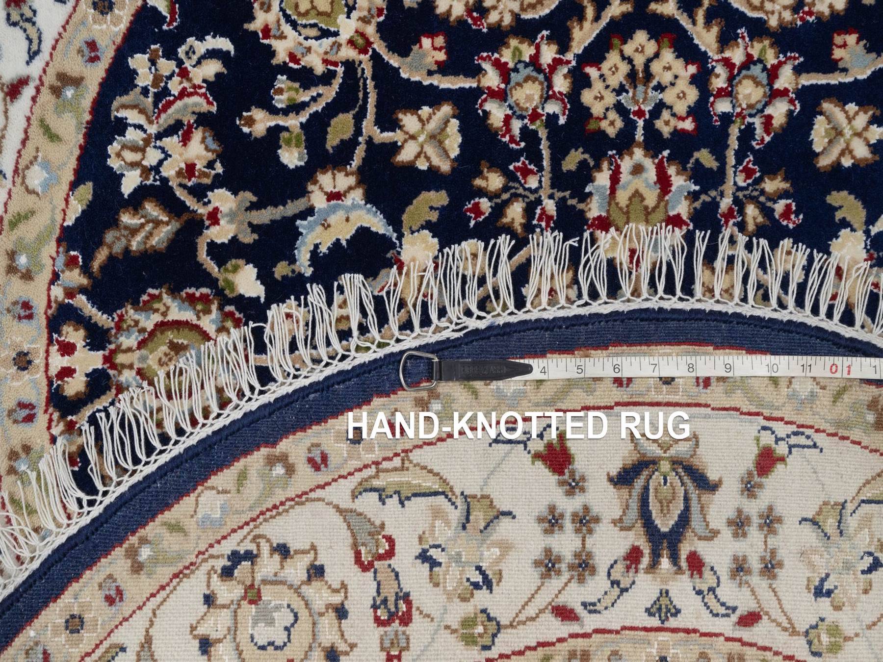 4'4"x4'4" Midnight Blue, Nain with All Over Flower Design, Soft Pile, Hand Knotted, Wool and Silk, 250 KPSI, Round, Oriental Rug HR92538 - Image 8