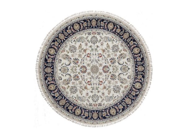 6'x6' Pearl White, Nain with All Over Flower Design, Hand Knotted, 250 KPSI, Soft Pile, Wool and Silk, Round, Oriental Rug HR92540