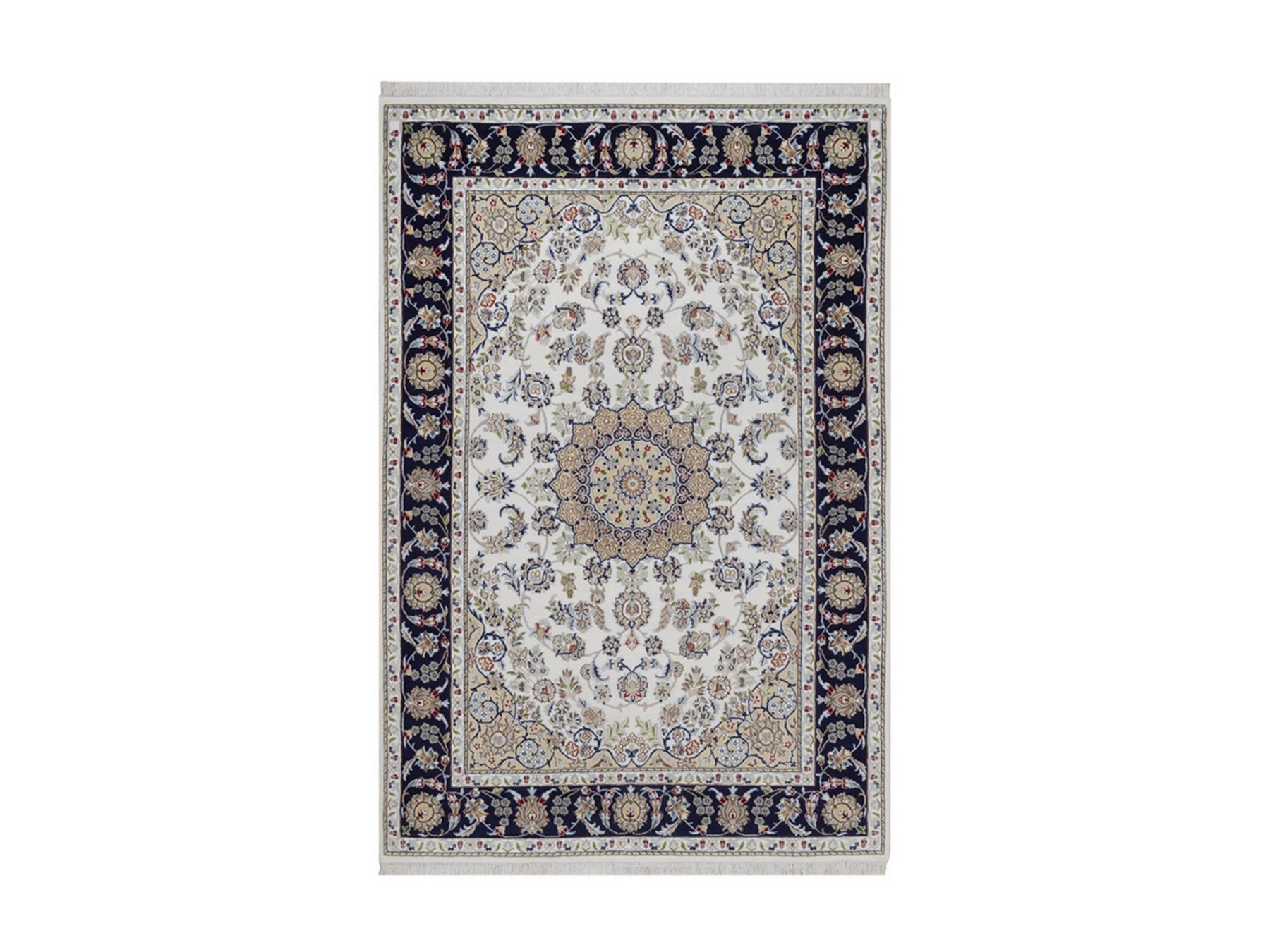 5'6"x8'4" Pearl White, Nain with Flower Medallion Design, Wool and Silk, 250 KPSI, Hand Knotted, Soft Pile, Oriental Rug HR92541