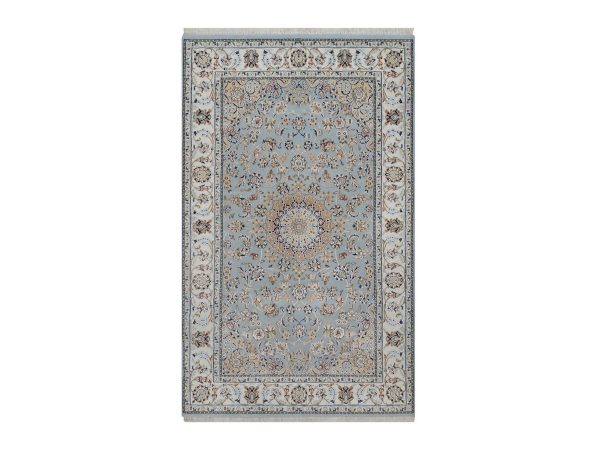 5'x8'1" Light Blue, Nain with Flower Medallion Design, Hand Knotted, Wool and Silk, Soft Pile, 250 KPSI, Oriental Rug HR92542