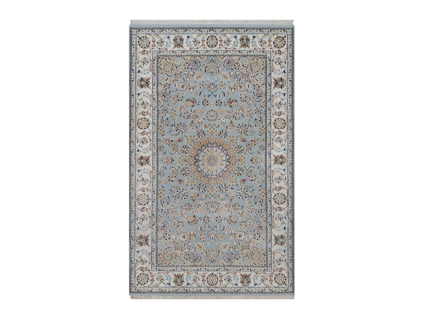 5'x8'1" Light Blue, Nain with Flower Medallion Design, Hand Knotted, Wool and Silk, Soft Pile, 250 KPSI, Oriental Rug HR92542
