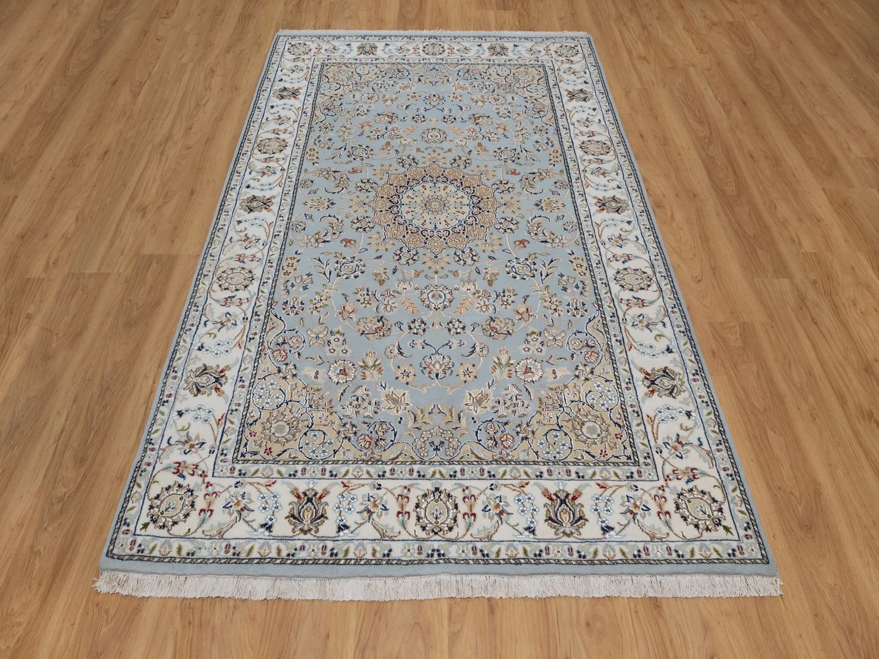 5'x8'1" Light Blue, Nain with Flower Medallion Design, Hand Knotted, Wool and Silk, Soft Pile, 250 KPSI, Oriental Rug HR92542 - Image 2