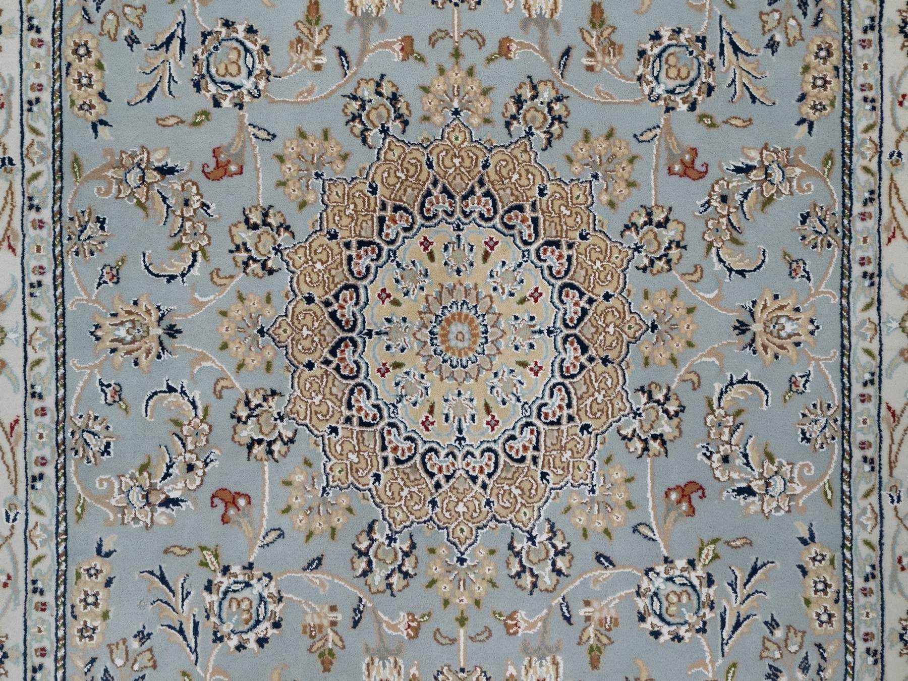 5'x8'1" Light Blue, Nain with Flower Medallion Design, Hand Knotted, Wool and Silk, Soft Pile, 250 KPSI, Oriental Rug HR92542 - Image 5