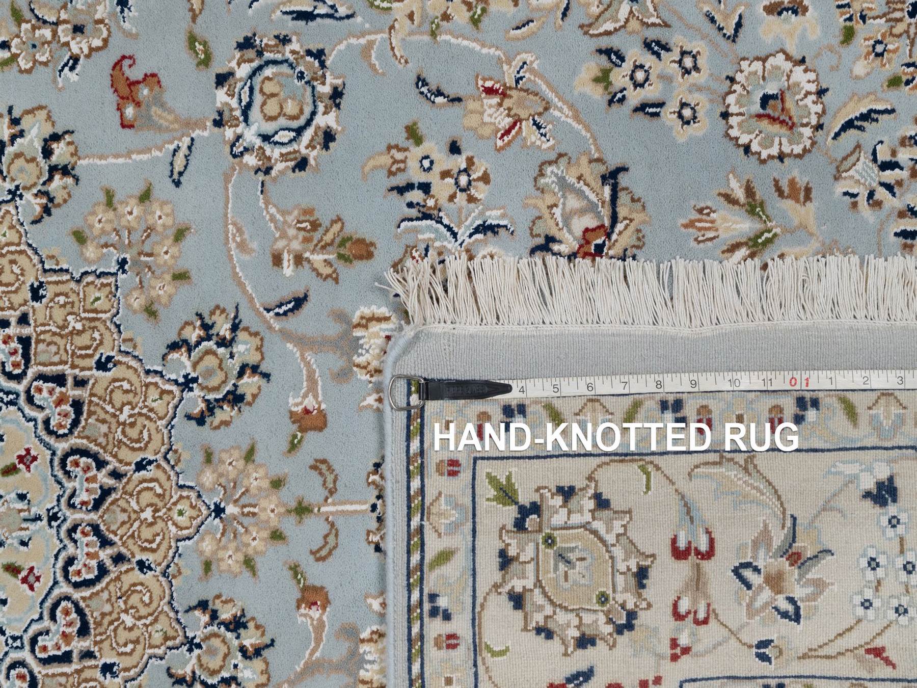 5'x8'1" Light Blue, Nain with Flower Medallion Design, Hand Knotted, Wool and Silk, Soft Pile, 250 KPSI, Oriental Rug HR92542 - Image 8